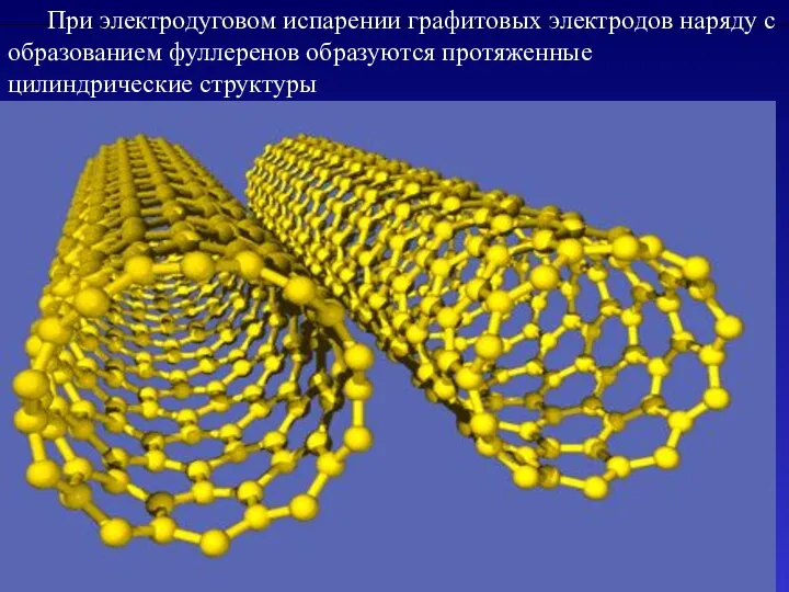 При электродуговом испарении графитовых электродов наряду с образованием фуллеренов образуются протяженные цилиндрические структуры