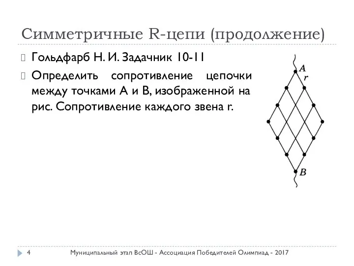 Симметричные R-цепи (продолжение) Гольдфарб Н. И. Задачник 10-11 Определить сопротивление цепочки