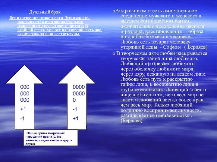 Дуальный брак Все нарушения целостности Души одного, покрываются противоположными изменениями целостности