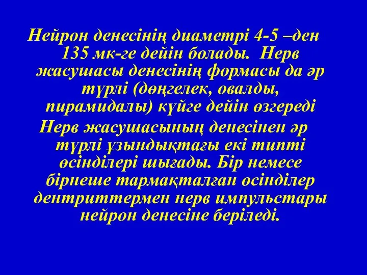 Нейрон денесінің диаметрі 4-5 –ден 135 мк-ге дейін болады. Нерв жасушасы