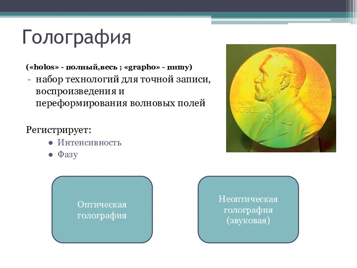 Голография («holos» - полный,весь ; «grapho» - пишу) набор технологий для