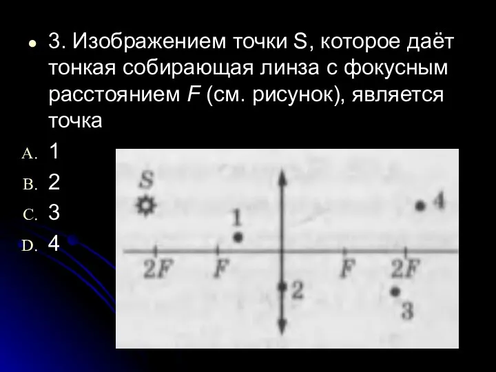 3. Изображением точки S, которое даёт тонкая собирающая линза с фокусным