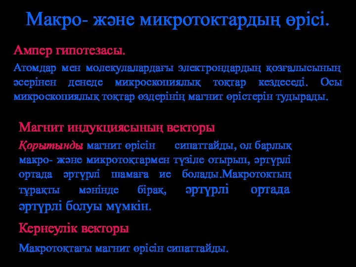 Макро- және микротоктардың өрісі. Ампер гипотезасы. Атомдар мен молекулалардағы электрондардың қозғалысының