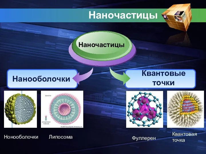 Наночастицы Наночастицы Нанооболочки Квантовые точки Липосома Фуллерен Нонооболочки Квантовая точка