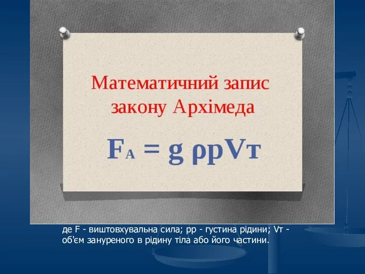 де F - виштовхувальна сила; pp - густина рідини; Vт -об'єм