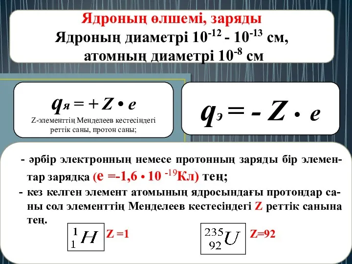 qя = + Z • e Z-элементтің Менделеев кестесіндегі реттік саны,