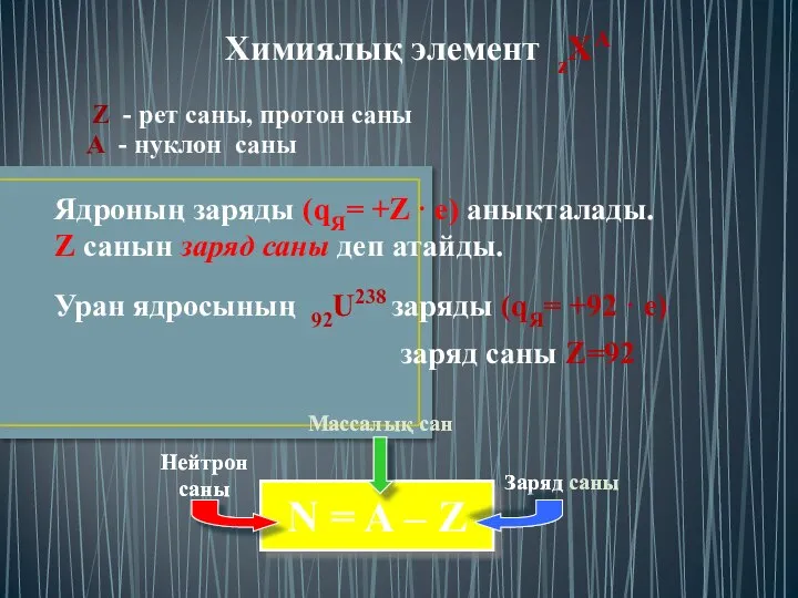 Уран ядросының 92U238 заряды (qЯ= +92 · е) Химиялық элемент zХА