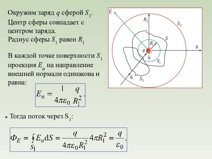 Окружим заряд q сферой S1. Центр сферы совпадает с центром заряда.