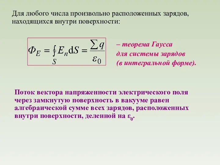 Для любого числа произвольно расположенных зарядов, находящихся внутри поверхности: – теорема