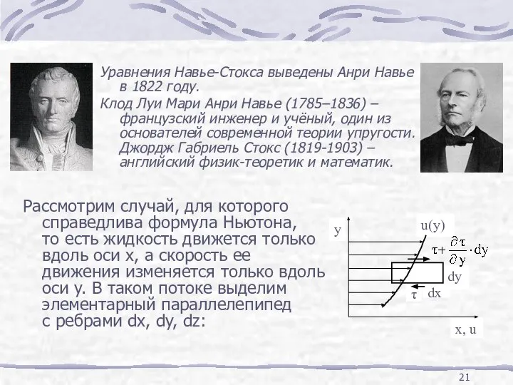 Уравнения Навье-Стокса выведены Анри Навье в 1822 году. Клод Луи Мари