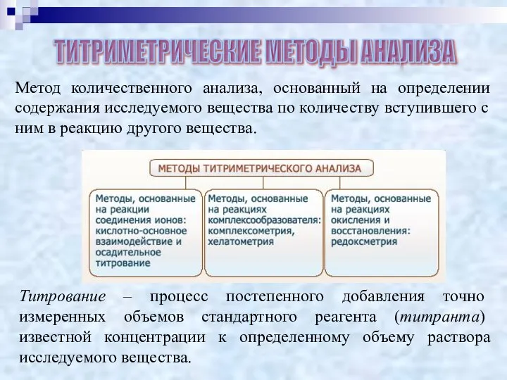 ТИТРИМЕТРИЧЕСКИЕ МЕТОДЫ АНАЛИЗА Метод количественного анализа, основанный на определении содержания исследуемого