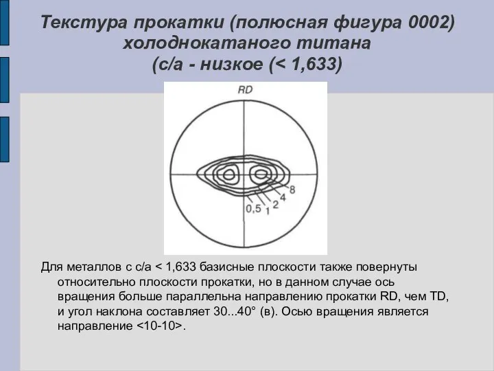 Для металлов с с/а . Текстура прокатки (полюсная фигура 0002) холоднокатаного титана (с/а - низкое (