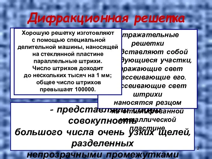 Дифракционная решетка - представляет собой совокупность большого числа очень узких щелей,