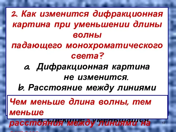 2. Как изменится дифракционная картина при уменьшении длины волны падающего монохроматического