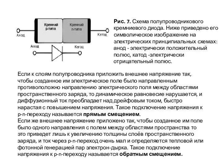 Рис. 7. Схема полупроводникового кремниевого диода. Ниже приведено его символическое изображение