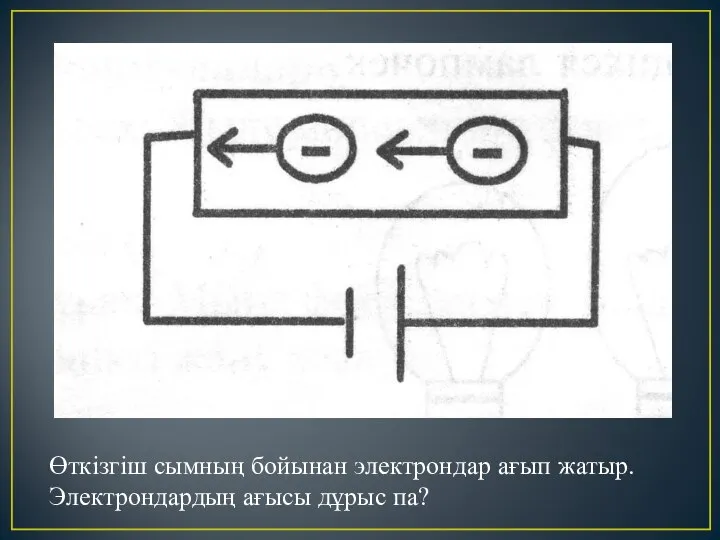 Өткізгіш сымның бойынан электрондар ағып жатыр. Электрондардың ағысы дұрыс па?