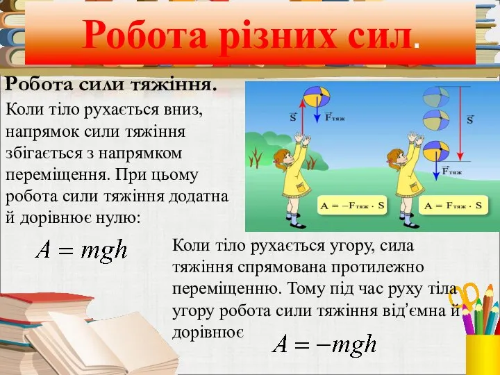 Робота різних сил. Робота сили тяжіння. Коли тіло рухається вниз, напрямок