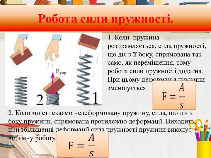 Робота сили пружності. 1. Коли пружина розпрямляється, сила пружності, що діє