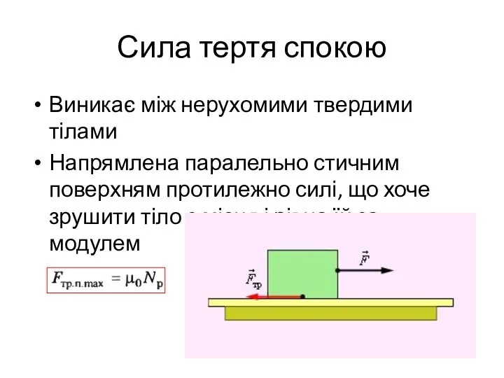 Сила тертя спокою Виникає між нерухомими твердими тілами Напрямлена паралельно стичним