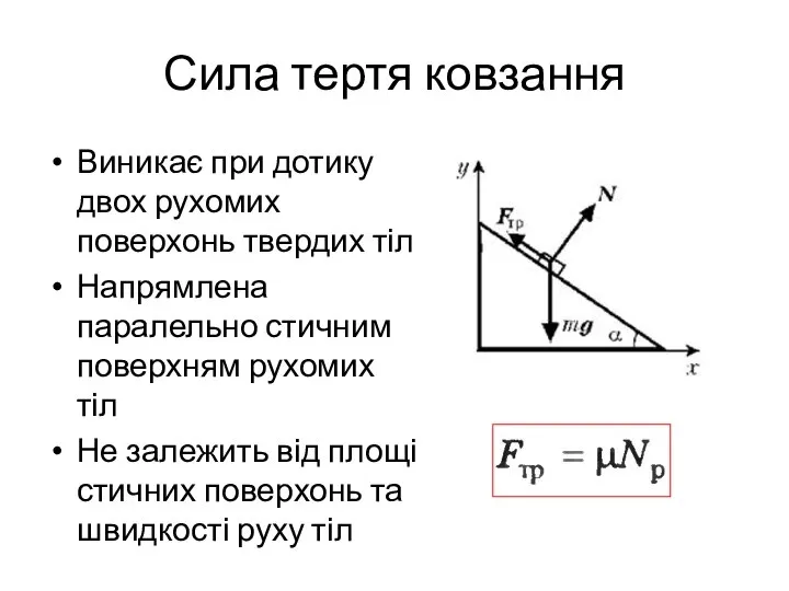 Сила тертя ковзання Виникає при дотику двох рухомих поверхонь твердих тіл