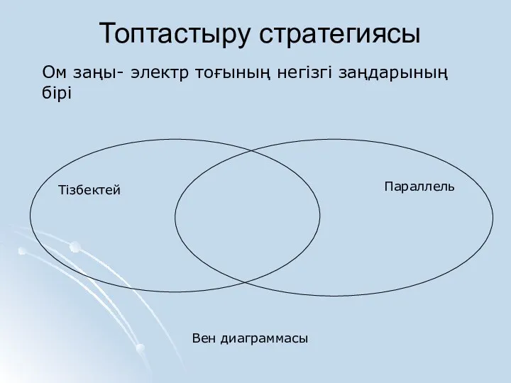 Топтастыру стратегиясы Тізбектей Параллель Вен диаграммасы Ом заңы- электр тоғының негізгі заңдарының бірі