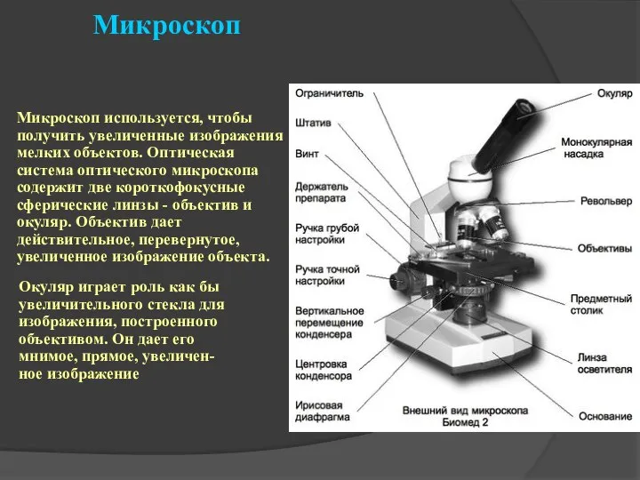 Микроскоп Микроскоп используется, чтобы получить увеличенные изображения мелких объектов. Оптическая система