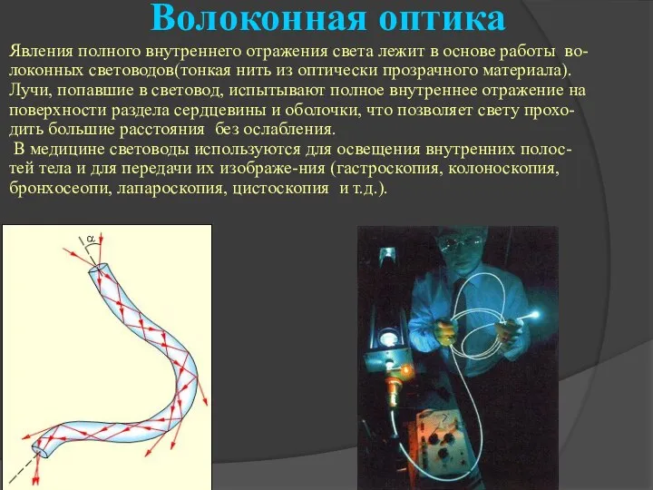 Явления полного внутреннего отражения света лежит в основе работы во-локонных световодов(тонкая