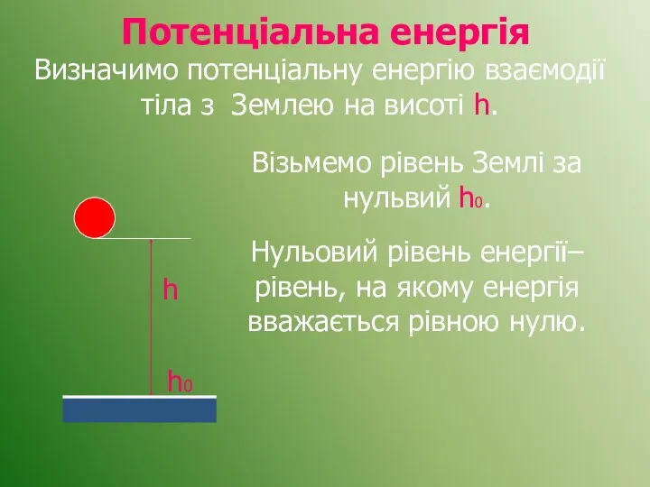 Потенціальна енергія Візьмемо рівень Землі за нульвий h0. Визначимо потенціальну енергію