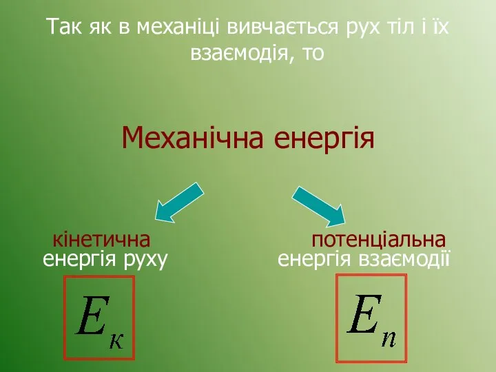 Механічна енергія кінетична потенціальна енергія руху енергія взаємодії Так як в