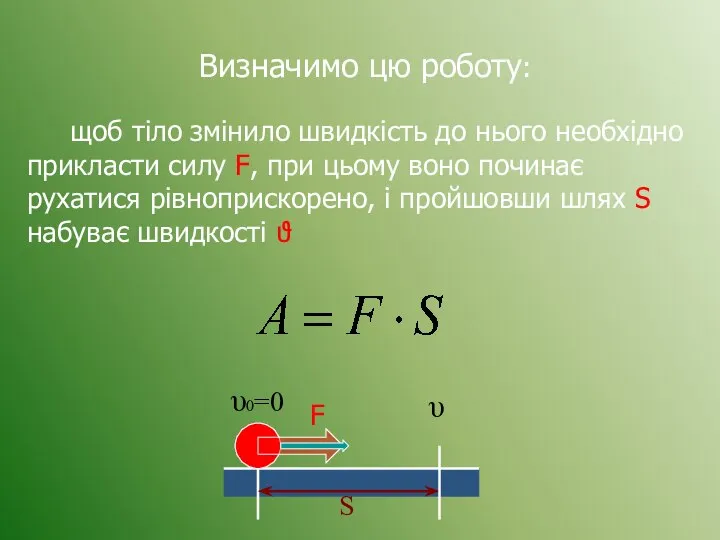 Визначимо цю роботу: υ υ0=0 S щоб тіло змінило швидкість до