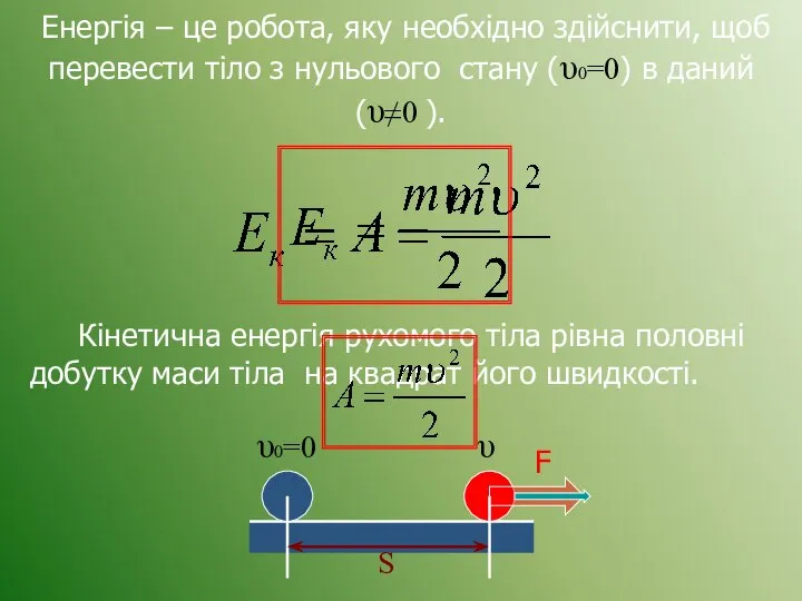 υ υ0=0 S F Кінетична енергія рухомого тіла рівна половні добутку