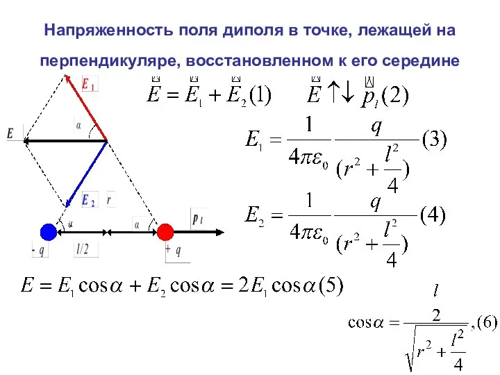 Напряженность поля диполя в точке, лежащей на перпендикуляре, восстановленном к его середине