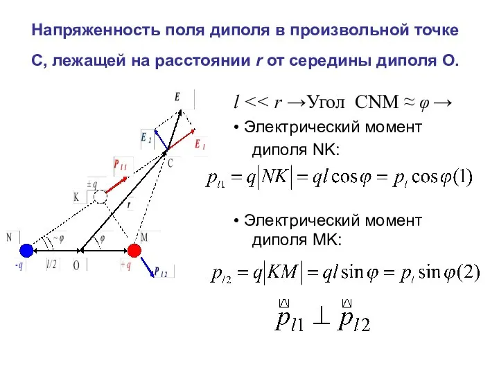 Напряженность поля диполя в произвольной точке С, лежащей на расстоянии r