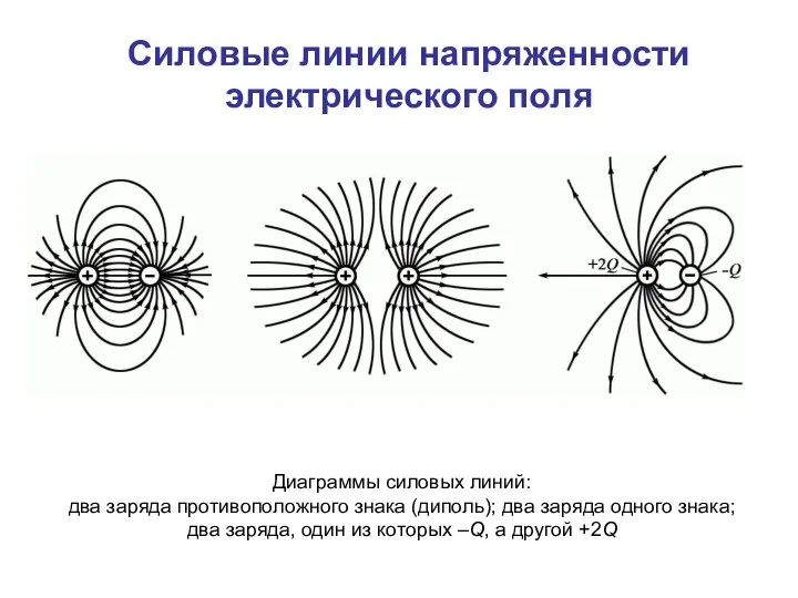 Силовые линии напряженности электрического поля Диаграммы силовых линий: два заряда противоположного