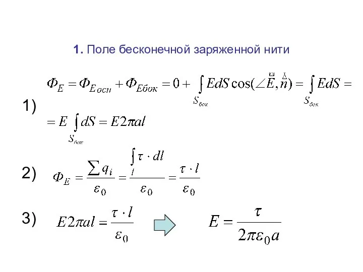 1. Поле бесконечной заряженной нити 1) 2) 3)