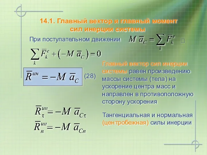 14.1. Главный вектор и главный момент сил инерции системы При поступательном