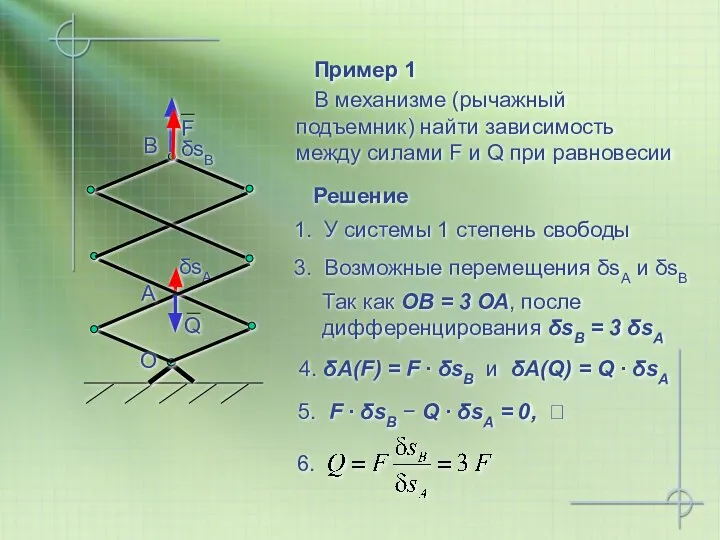 Пример 1 В механизме (рычажный подъемник) найти зависимость между силами F