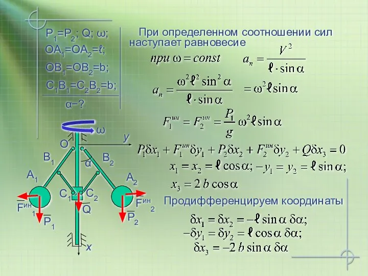 Р1=Р2; Q; ω; При определенном соотношении сил наступает равновесие ОА1=ОА2=ℓ; ОВ1=ОВ2=b; C1В1=C2В2=b; α−? Продифференцируем координаты