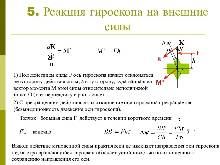 5. Реакция гироскопа на внешние силы 1) Под действием силы F