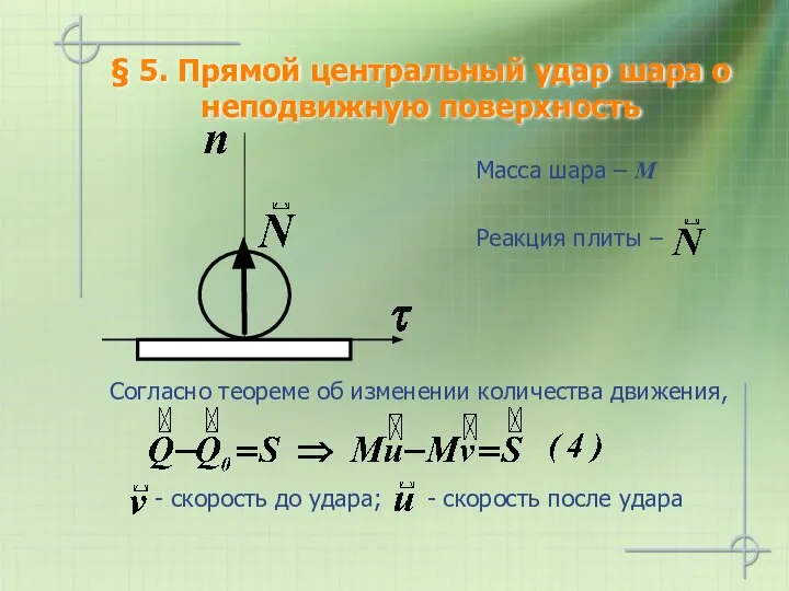 § 5. Прямой центральный удар шара о неподвижную поверхность Масса шара