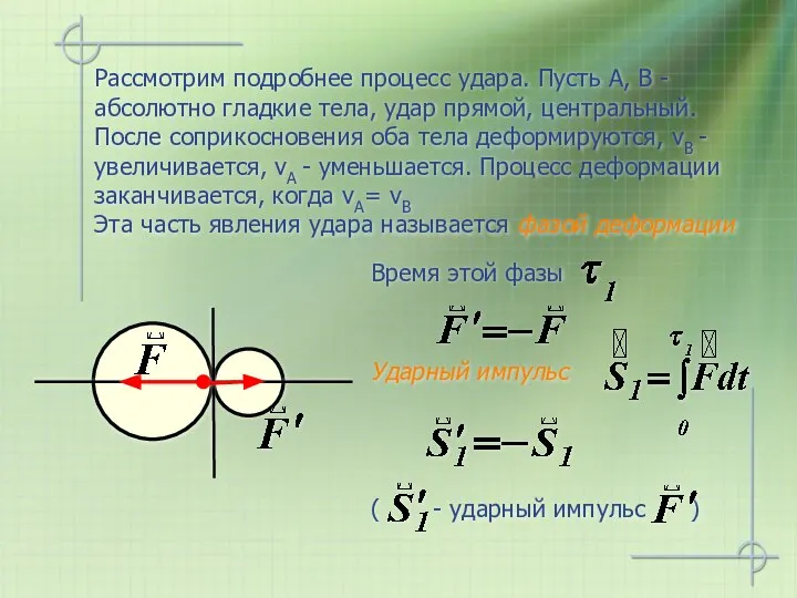 Рассмотрим подробнее процесс удара. Пусть A, B - абсолютно гладкие тела,