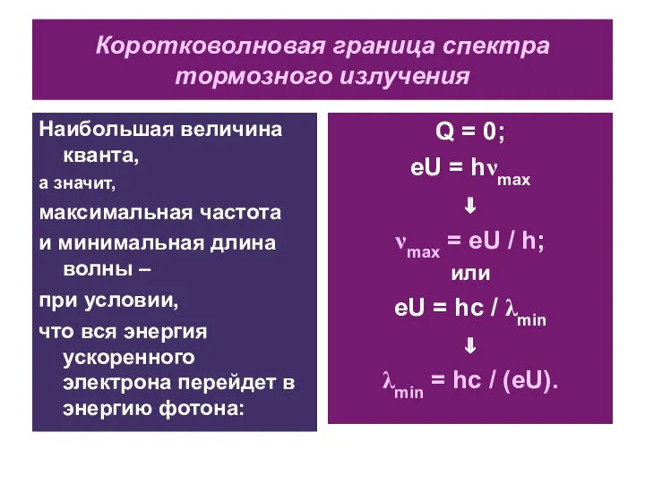 Коротковолновая граница спектра тормозного излучения Наибольшая величина кванта, а значит, максимальная