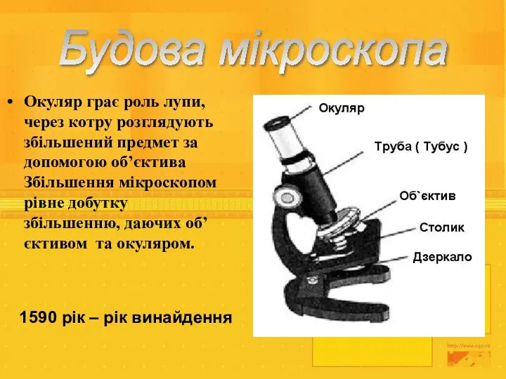 1590 рік – рік винайдення Окуляр грає роль лупи, через котру