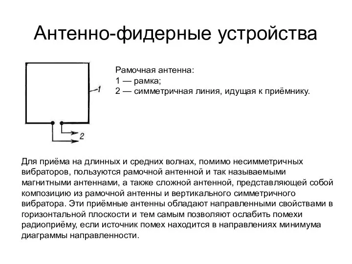 Антенно-фидерные устройства Рамочная антенна: 1 — рамка; 2 — симметричная линия,