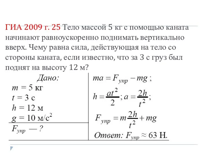 ГИА 2009 г. 25 Тело массой 5 кг с помощью каната