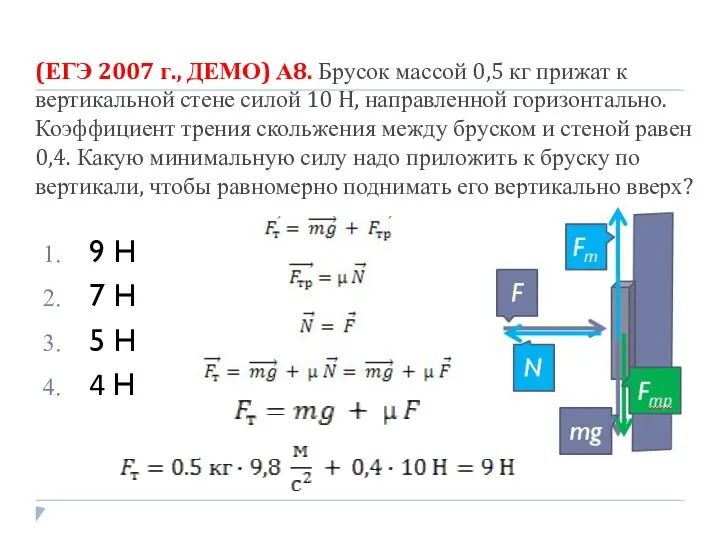 (ЕГЭ 2007 г., ДЕМО) А8. Брусок массой 0,5 кг прижат к