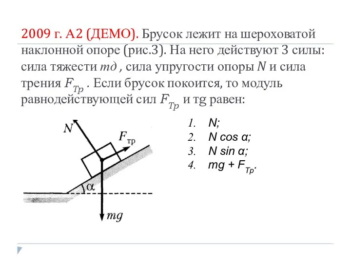 2009 г. А2 (ДЕМО). Брусок лежит на шероховатой наклонной опоре (рис.3).