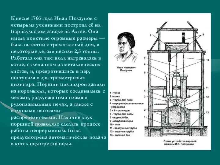 К весне 1766 года Иван Ползунов с четырьмя учениками построил её