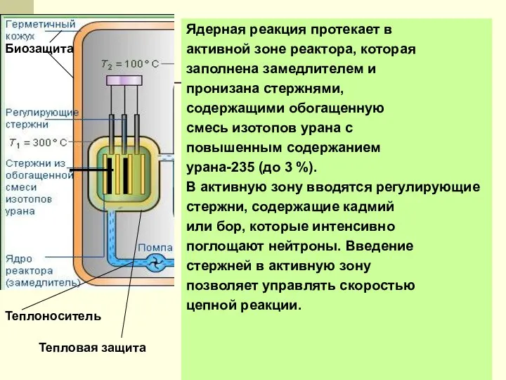 Ядерная реакция протекает в активной зоне реактора, которая заполнена замедлителем и