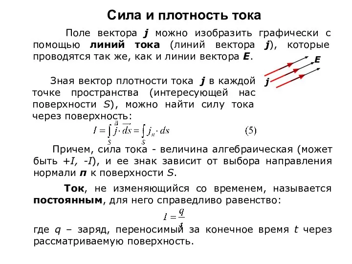 Сила и плотность тока Поле вектора j можно изобразить графически с